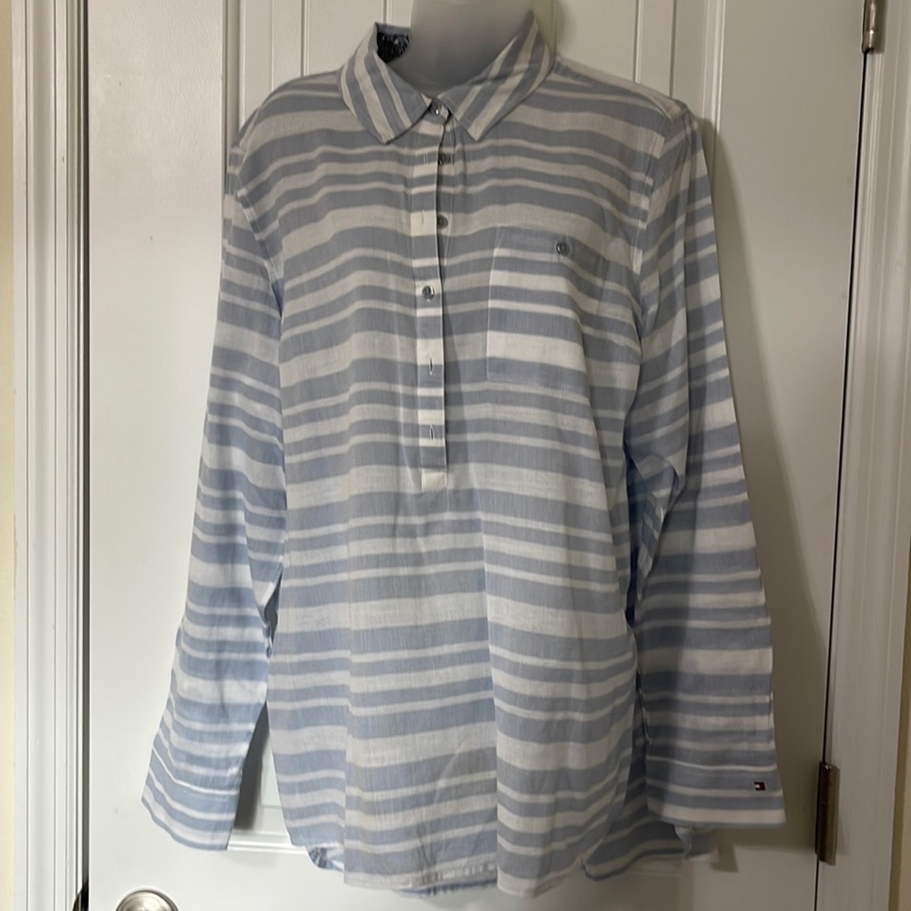 Tommy Hilfiger Blue and White Striped Shirt. Size XL.